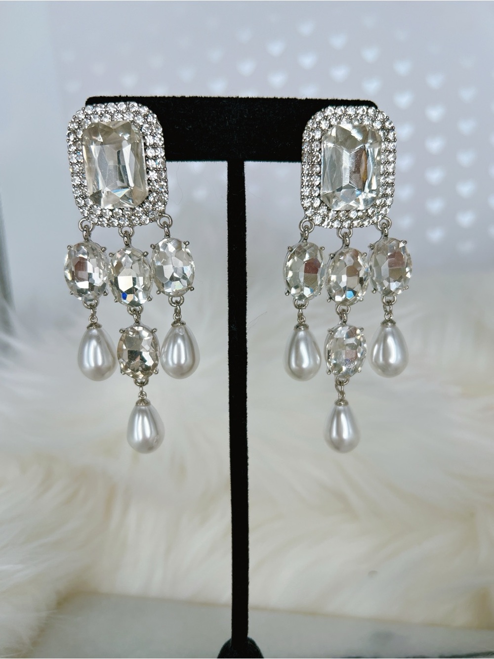 Pearl silver crystal emerald halo oval teardrop 3โ earrings